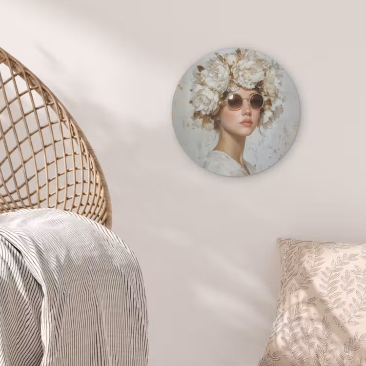Schilderij - Vrouw - Zonnebril - Bloemenkrans Akoestische PET Vilt - Rond klein -sfeer4