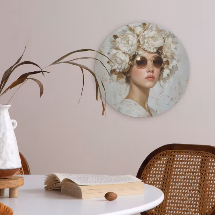 Schilderij - Vrouw - Zonnebril - Bloemenkrans Akoestische PET Vilt - Rond klein -sfeer3