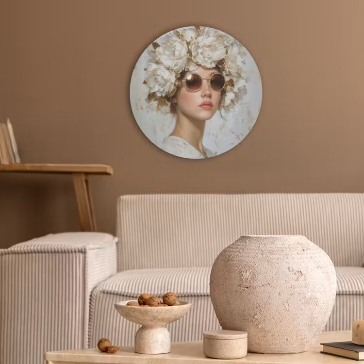 Schilderij - Vrouw - Zonnebril - Bloemenkrans Akoestische PET Vilt - Rond klein -sfeer1