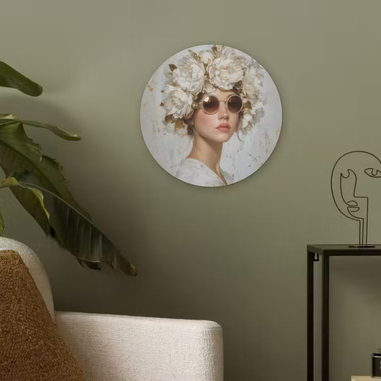 Schilderij - Vrouw - Zonnebril - Bloemenkrans Akoestische PET Vilt - Rond klein -sfeer2