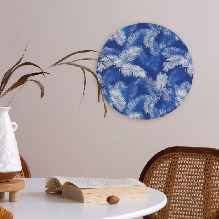 Palmblad - Patroon - Blauw Akoestische PET Vilt - Rond klein 838 -sfeer3