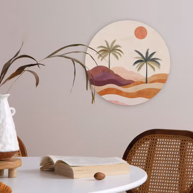 Palmbomen - Abstract - Zon - Heuvels Akoestische PET Vilt - Rond klein -sfeer3