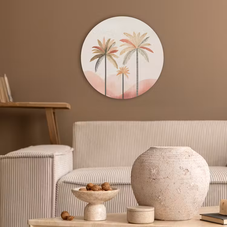 Palmbomen - Heuvels - Minimalistisch - Zachtroze Akoestische PET Vilt - Rond klein -sfeer1