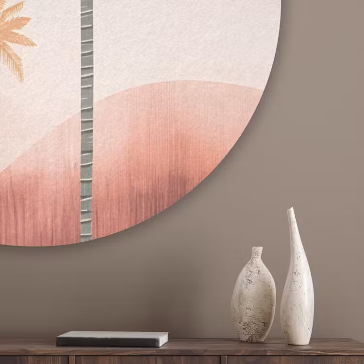 Palmbomen - Heuvels - Minimalistisch - Zachtroze Akoestische PET Vilt - Rond klein -sfeer5_closeup