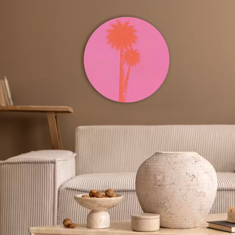 Palmbomen - Modern - Roze Akoestische PET Vilt - Rond klein -sfeer1