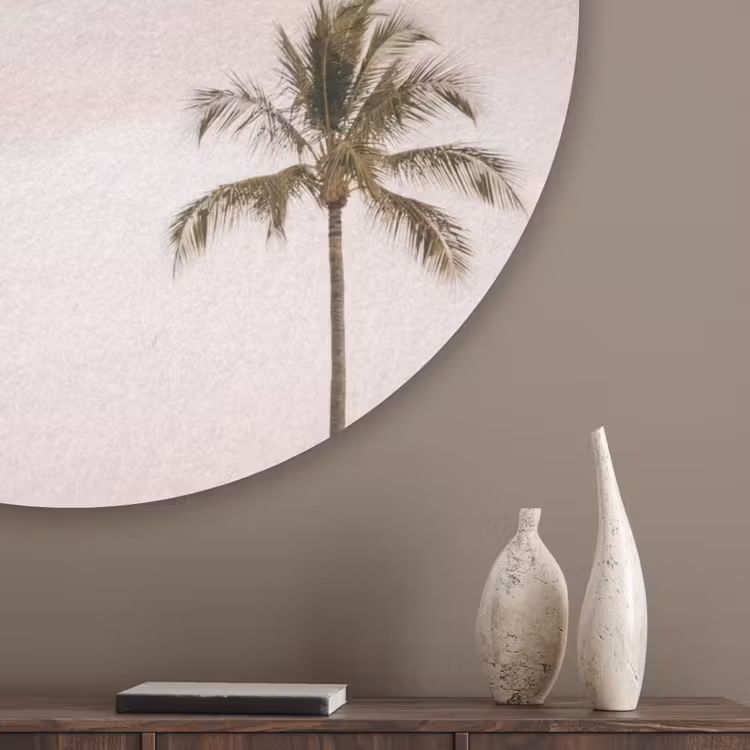 Palmbomen - Zonsondergang - Roze Akoestische PET Vilt - Rond klein -sfeer5_closeup