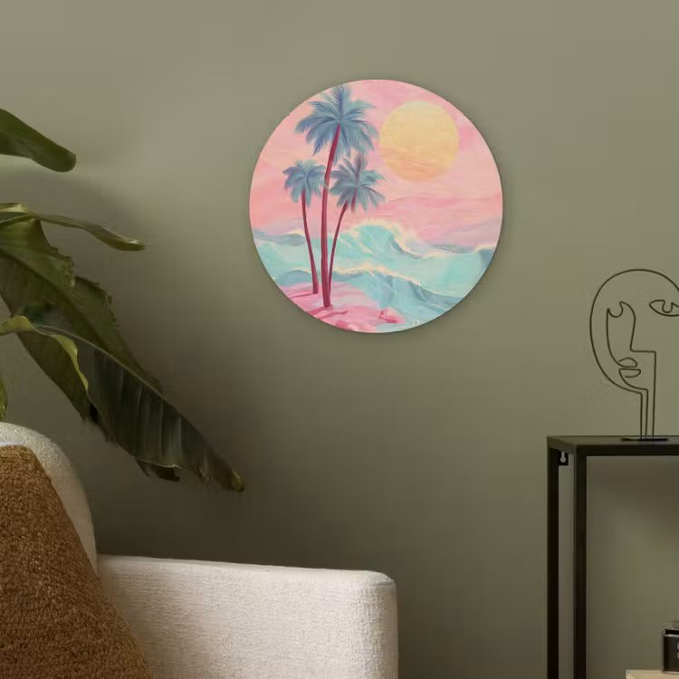 Palmbomen - Golven - Zee Akoestische PET Vilt - Rond klein -sfeer2