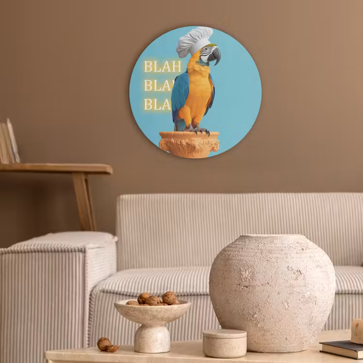 Papegaai - Koksmuts - Quote - Neon Akoestische PET Vilt - Rond klein -sfeer1