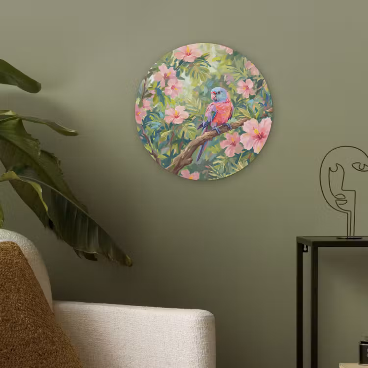 Papagaai - Hibiscusbloemen - Kleurrijk Akoestische PET Vilt - Rond klein -sfeer2
