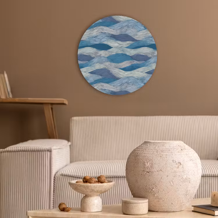 Getekend - Blauw - Wit - Golvend - Streepjes Akoestische PET Vilt - Rond klein 838 -sfeer1