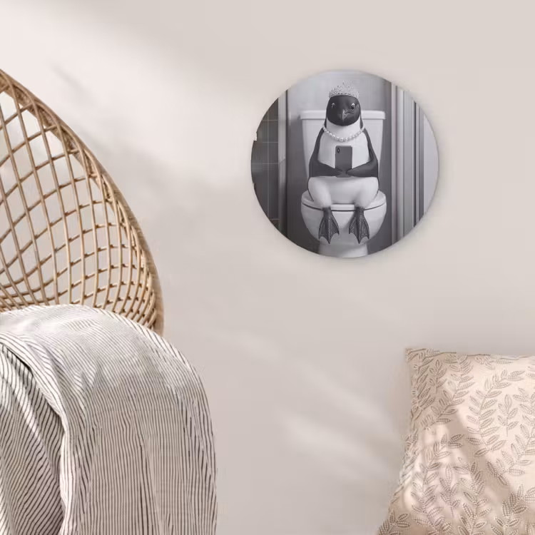 Pinguïn - Telefoon - Toilet - Zwart - Wit Akoestische PET Vilt - Rond klein -sfeer4