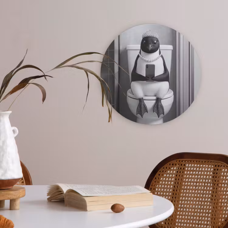 Pinguïn - Telefoon - Toilet - Zwart - Wit Akoestische PET Vilt - Rond klein -sfeer3