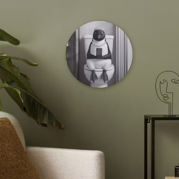 Pinguïn - Telefoon - Toilet - Zwart - Wit Akoestische PET Vilt - Rond klein -sfeer2
