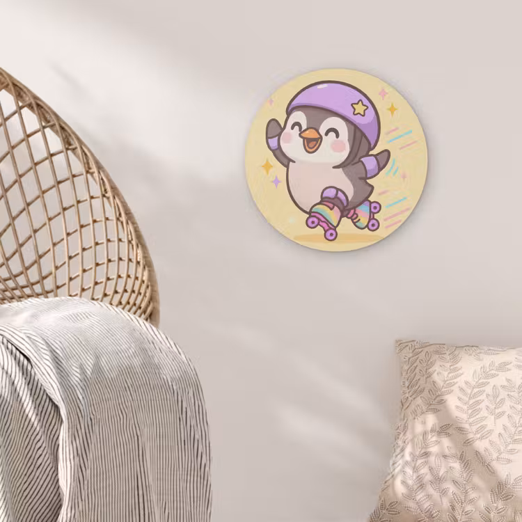 Pinguïn - Rolschaatsen - Geel - Energiek Akoestische PET Vilt - Rond klein -sfeer4