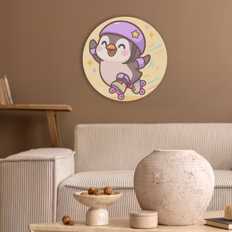 Pinguïn - Rolschaatsen - Geel - Energiek Akoestische PET Vilt - Rond klein -sfeer1