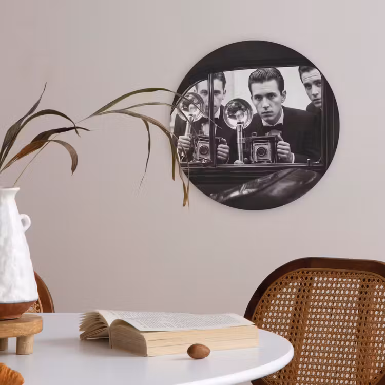 Fotograaf - Camera - Vintage - Journalistiek - Zwart-wit Akoestische PET Vilt - Rond klein -sfeer3