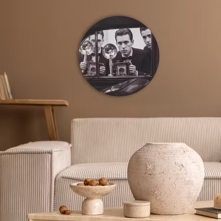 Fotograaf - Camera - Vintage - Journalistiek - Zwart-wit Akoestische PET Vilt - Rond klein -sfeer1