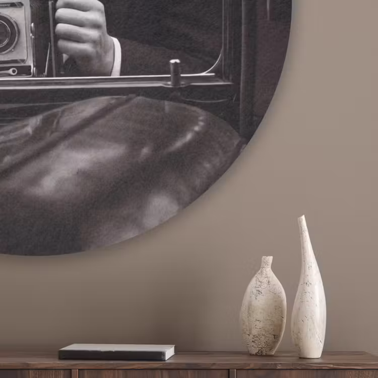 Fotograaf - Camera - Vintage - Journalistiek - Zwart-wit Akoestische PET Vilt - Rond klein -sfeer5_closeup
