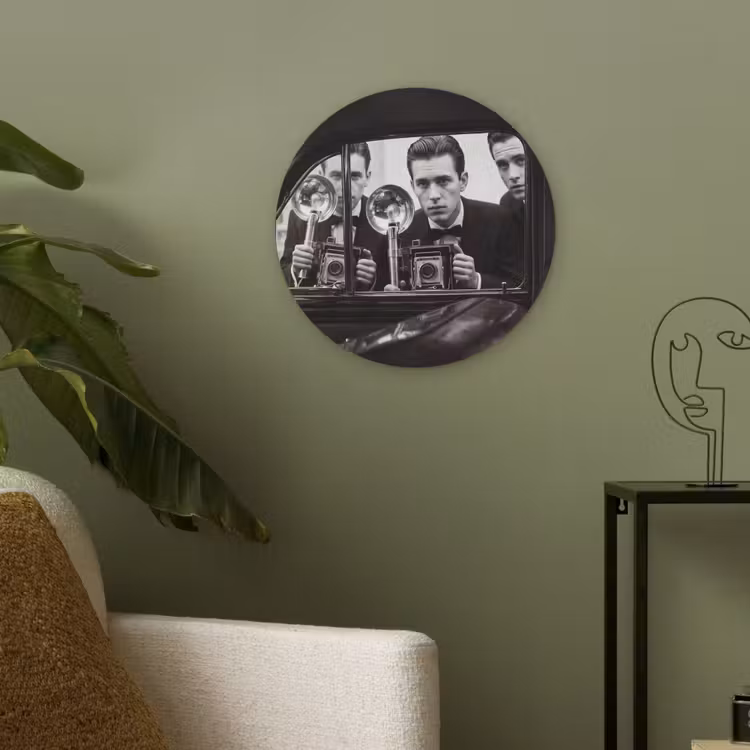 Fotograaf - Camera - Vintage - Journalistiek - Zwart-wit Akoestische PET Vilt - Rond klein -sfeer2