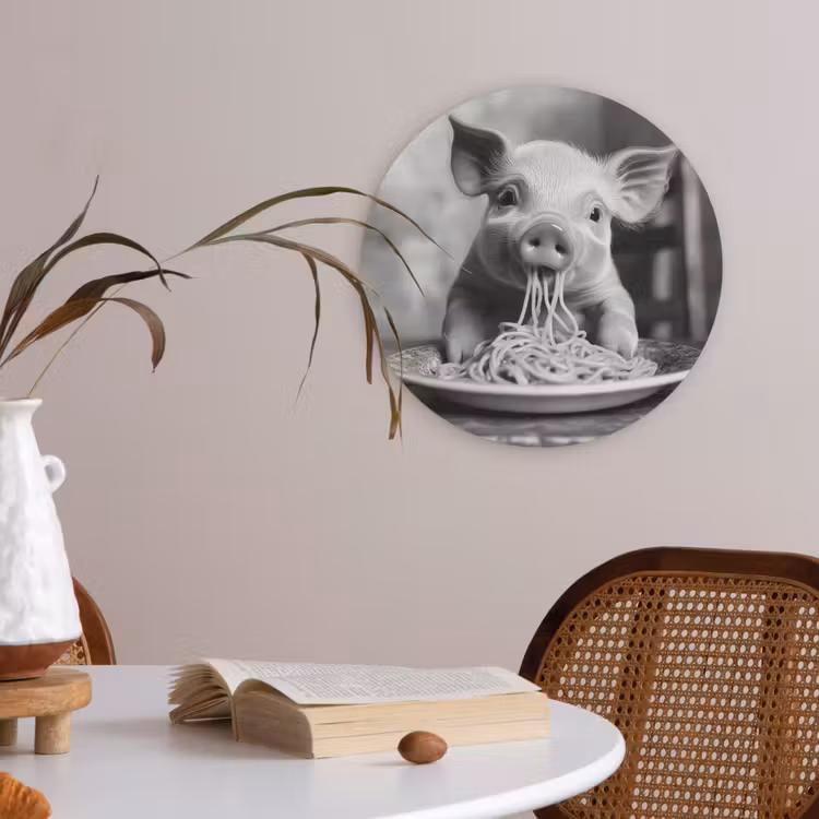 Varken - Schattig - Spaghetti - Zwart wit - Dier Akoestische PET Vilt - Rond klein -sfeer3