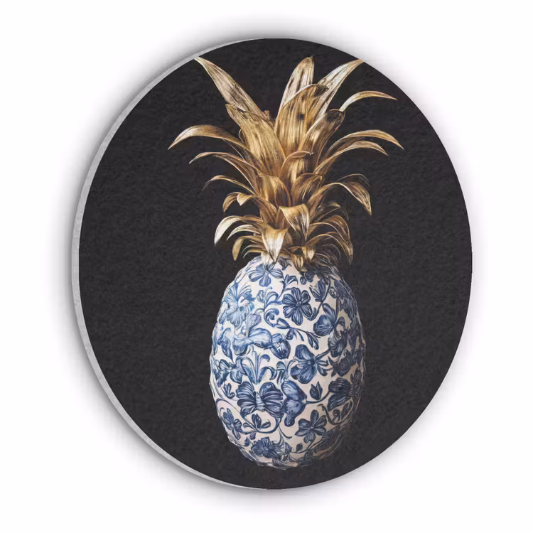 Ananas - Bloemen patroon - Goud - Delftsblauw Akoestische PET Vilt - Rond klein -3d