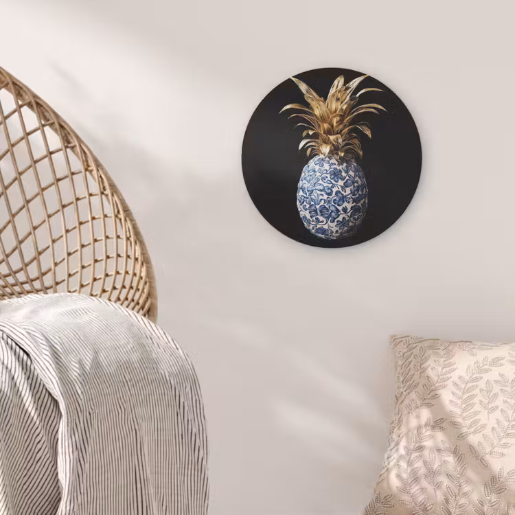 Ananas - Bloemen patroon - Goud - Delftsblauw Akoestische PET Vilt - Rond klein -sfeer4