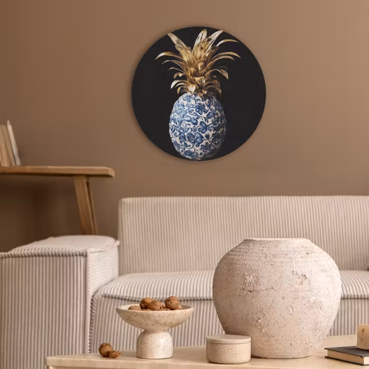 Ananas - Bloemen patroon - Goud - Delftsblauw Akoestische PET Vilt - Rond klein -sfeer1