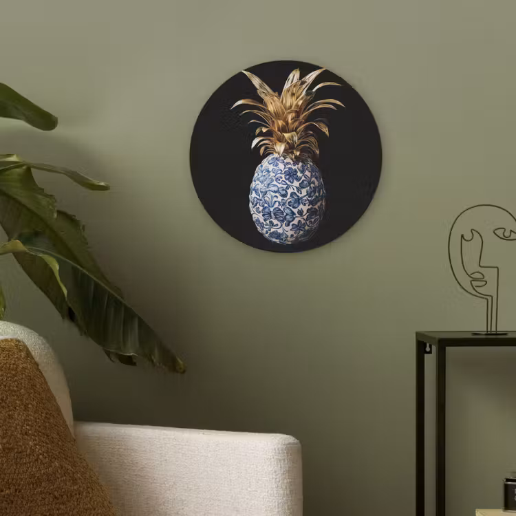 Ananas - Bloemen patroon - Goud - Delftsblauw Akoestische PET Vilt - Rond klein -sfeer2