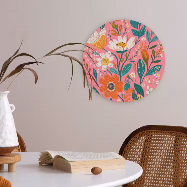 Roze - Bloemen - Wit - Oranje Akoestische PET Vilt - Rond klein -sfeer3