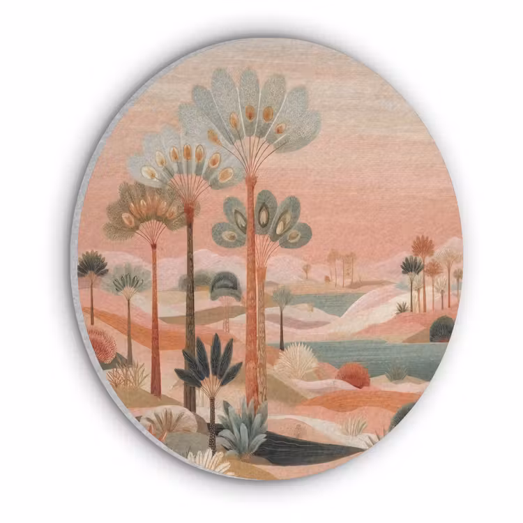 Roze landschap - Palmen - Water Akoestische PET Vilt - Rond klein -3d