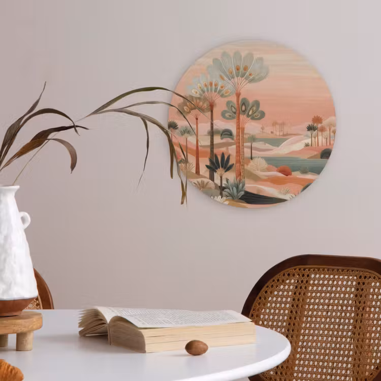 Roze landschap - Palmen - Water Akoestische PET Vilt - Rond klein -sfeer3