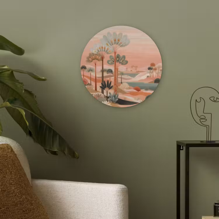 Roze landschap - Palmen - Water Akoestische PET Vilt - Rond klein -sfeer2