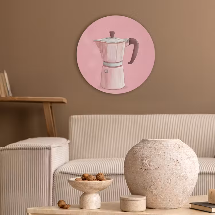 Roze - Mokkapot - Illustratie - Koffie Akoestische PET Vilt - Rond klein -sfeer1