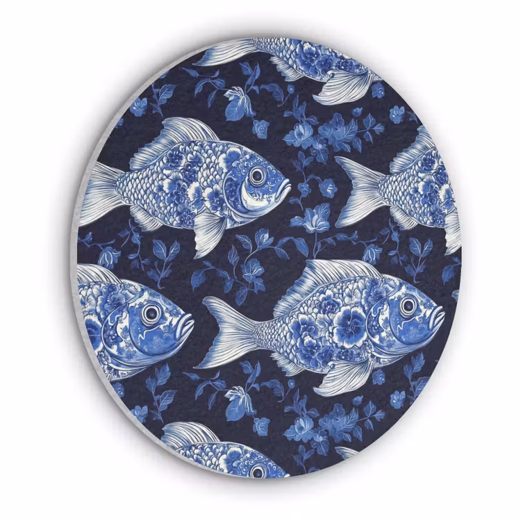 Vissen - Bloemen - Blauw Akoestische PET Vilt - Rond klein 838 -3d