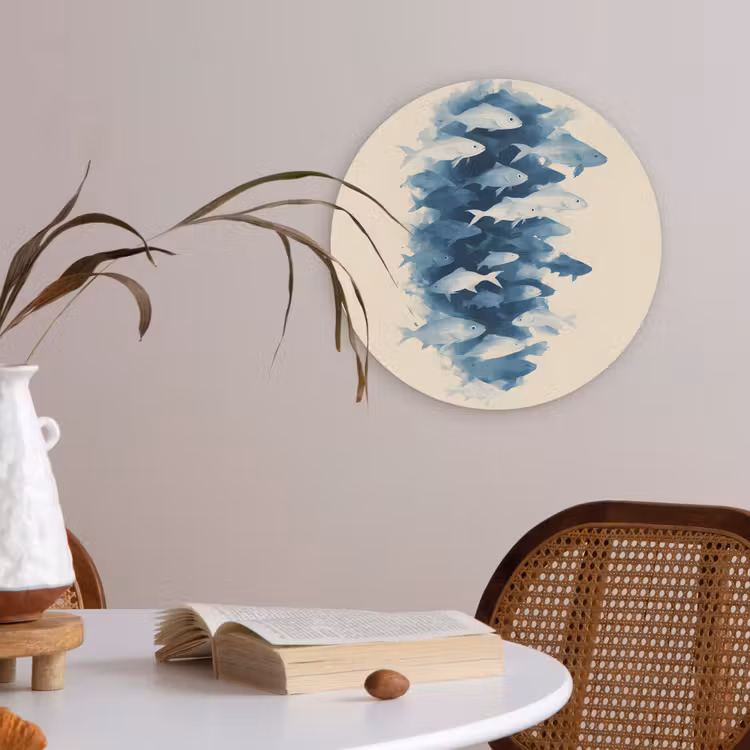 Vissen - Minimalistisch - Blauw Akoestische PET Vilt - Rond klein -sfeer3