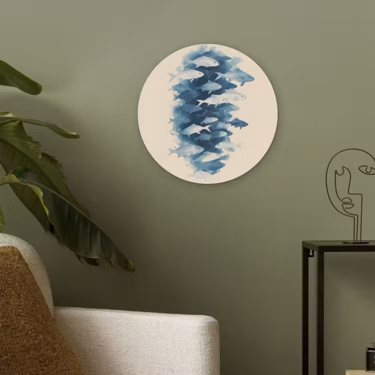 Vissen - Minimalistisch - Blauw Akoestische PET Vilt - Rond klein -sfeer2