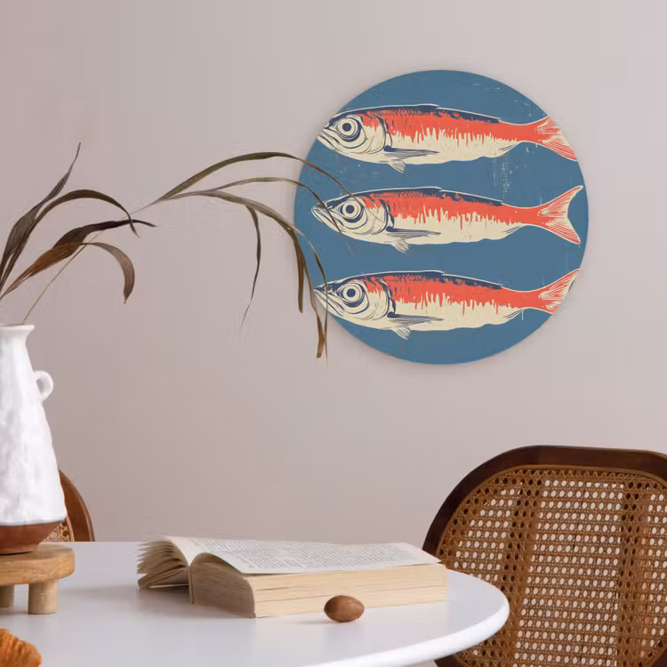 Vissen - Rood - Blauw Akoestische PET Vilt - Rond klein -sfeer3
