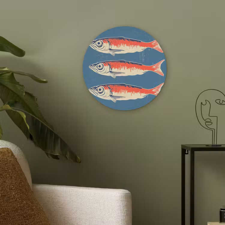 Vissen - Rood - Blauw Akoestische PET Vilt - Rond klein -sfeer2