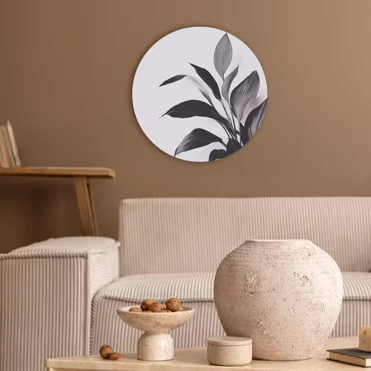 Plant - Bladeren - Minimalistisch - Zwart Akoestische PET Vilt - Rond klein -sfeer1