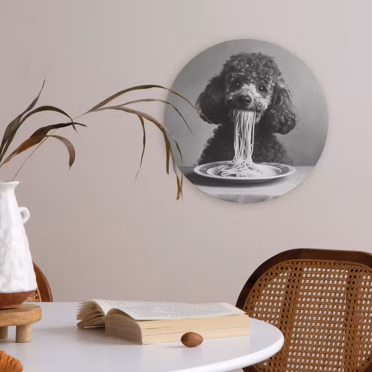 Poedel - Hond - Zwart - Wit - Schattig - Pasta Akoestische PET Vilt - Rond klein -sfeer3