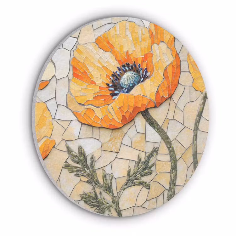 Klaprozen - Oranje - Mozaïek - Bladeren Akoestische PET Vilt - Rond klein -3d