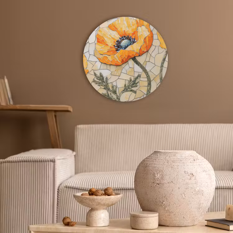 Klaprozen - Oranje - Mozaïek - Bladeren Akoestische PET Vilt - Rond klein -sfeer1