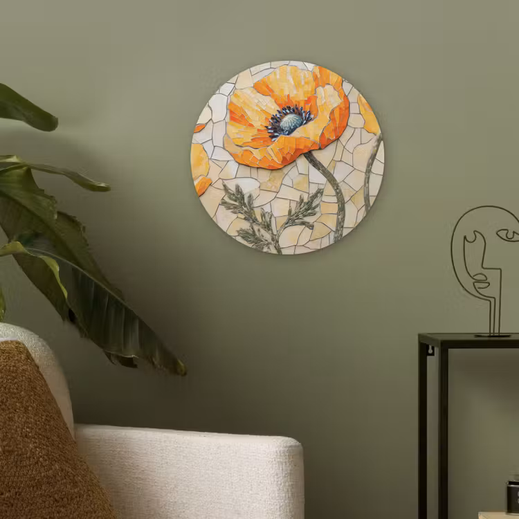 Klaprozen - Oranje - Mozaïek - Bladeren Akoestische PET Vilt - Rond klein -sfeer2