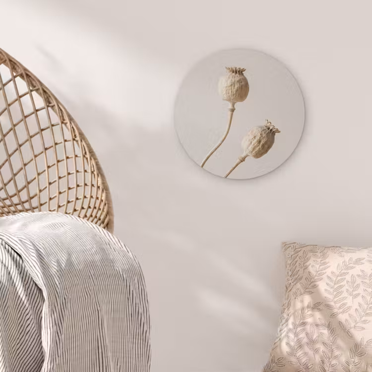 Papaverbollen - Droogbloemen - Minimalistisch - Beige - Rustig Akoestische PET Vilt - Rond klein -sfeer4