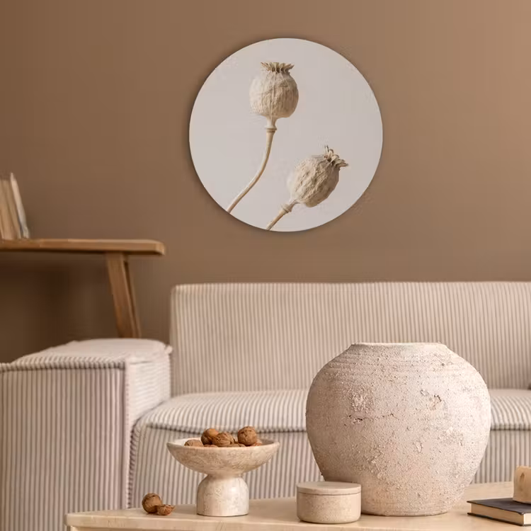Papaverbollen - Droogbloemen - Minimalistisch - Beige - Rustig Akoestische PET Vilt - Rond klein -sfeer1