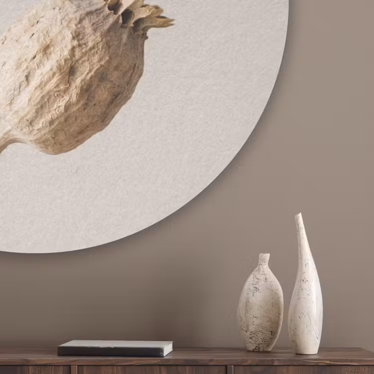 Papaverbollen - Droogbloemen - Minimalistisch - Beige - Rustig Akoestische PET Vilt - Rond klein -sfeer5_closeup