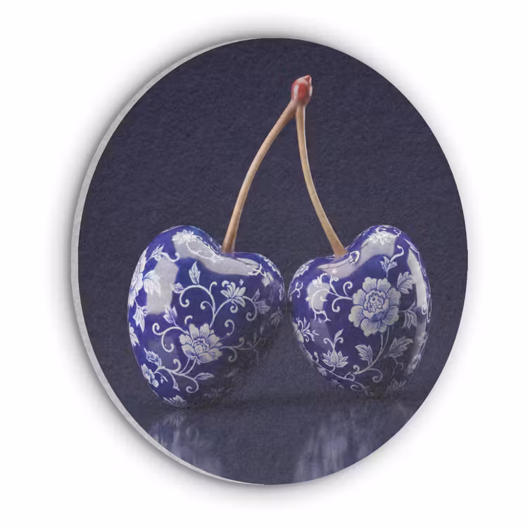 Porselein- Kersen - Delfts - Blauw Akoestische PET Vilt - Rond klein -3d