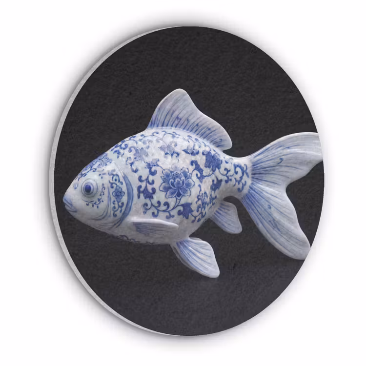 Porselein - Goudvis - Delfts - Blauw Akoestische PET Vilt - Rond klein -3d
