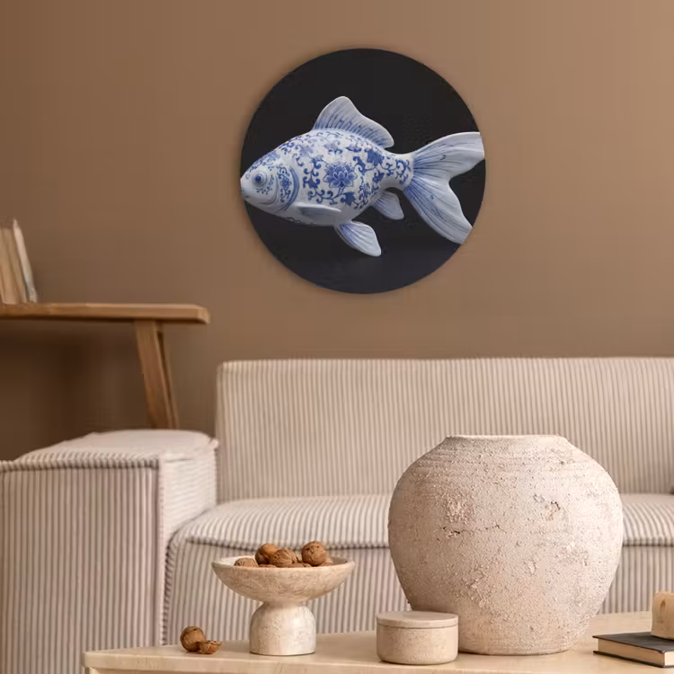 Porselein - Goudvis - Delfts - Blauw Akoestische PET Vilt - Rond klein -sfeer1