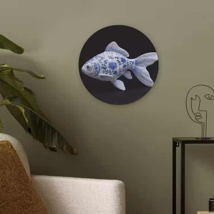 Porselein - Goudvis - Delfts - Blauw Akoestische PET Vilt - Rond klein -sfeer2